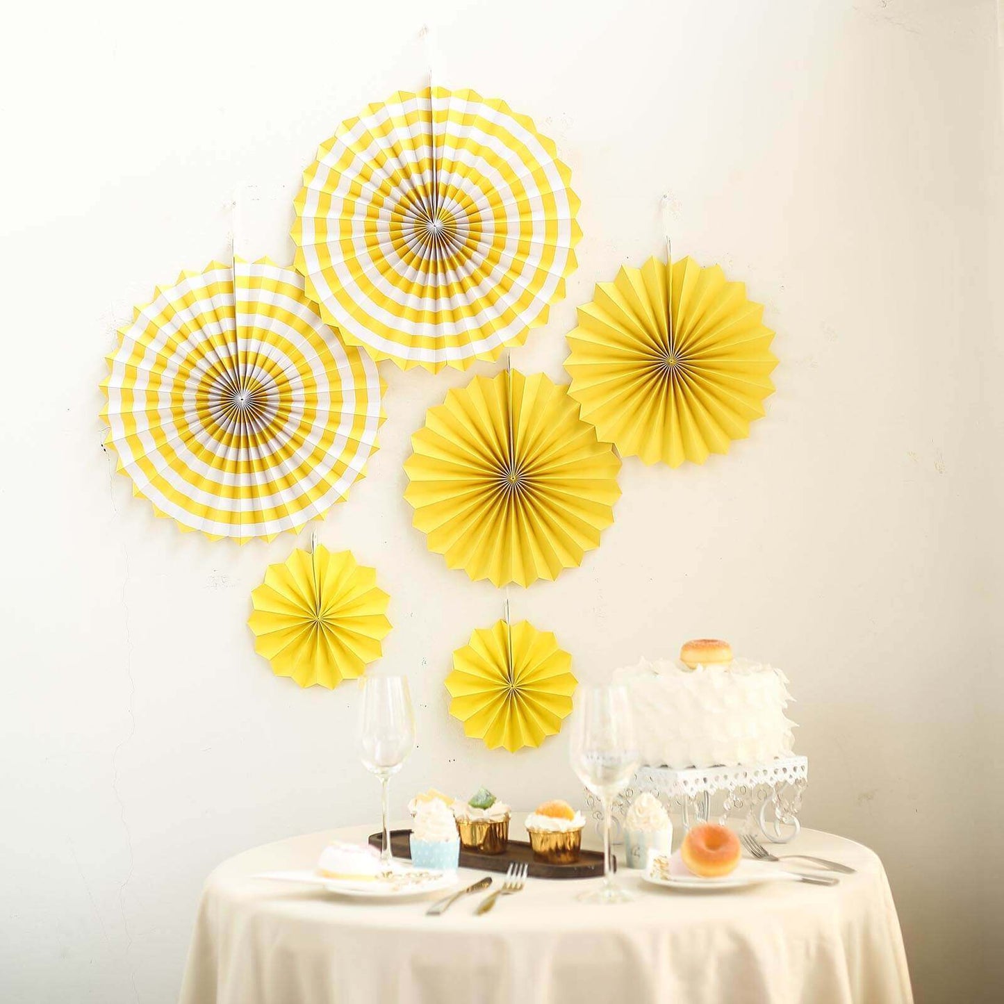 Set of 6 Yellow Hanging Paper Fan Decorations, Pinwheel Wall Backdrop Party Kit - 8", 12", 16" - Linen Luxes
