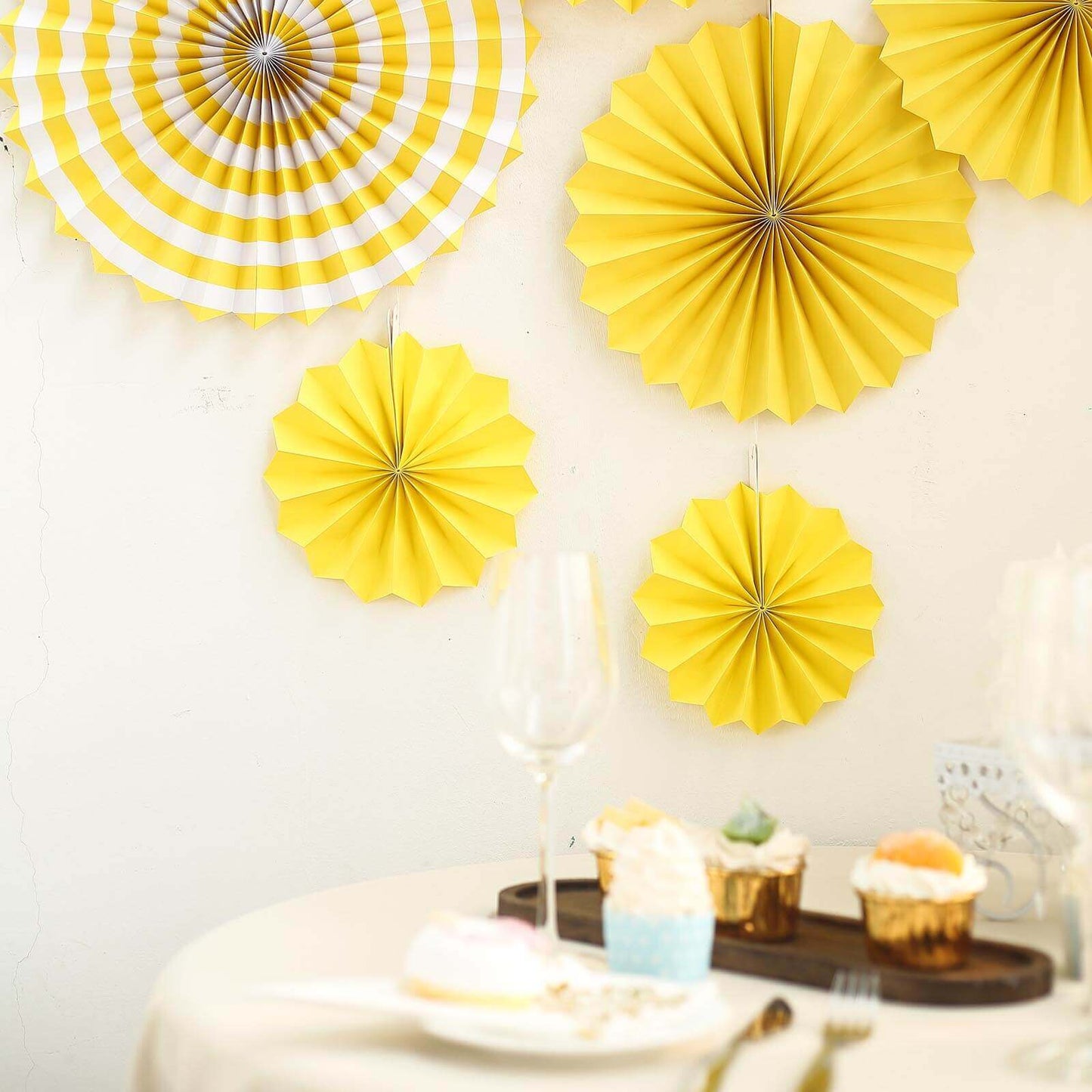 Set of 6 Yellow Hanging Paper Fan Decorations, Pinwheel Wall Backdrop Party Kit - 8", 12", 16" - Linen Luxes