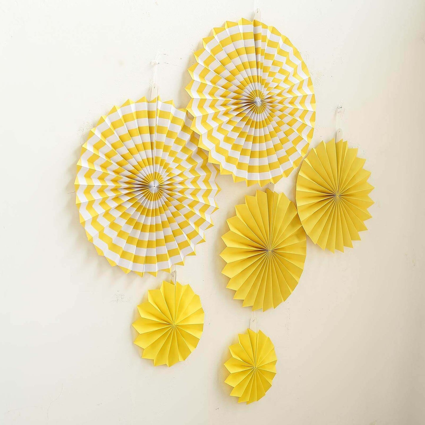Set of 6 Yellow Hanging Paper Fan Decorations, Pinwheel Wall Backdrop Party Kit - 8", 12", 16" - Linen Luxes