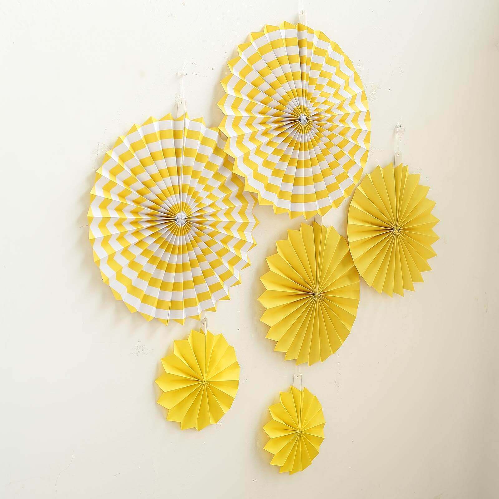 Set of 6 Yellow Hanging Paper Fan Decorations, Pinwheel Wall Backdrop Party Kit - 8", 12", 16" - Linen Luxes