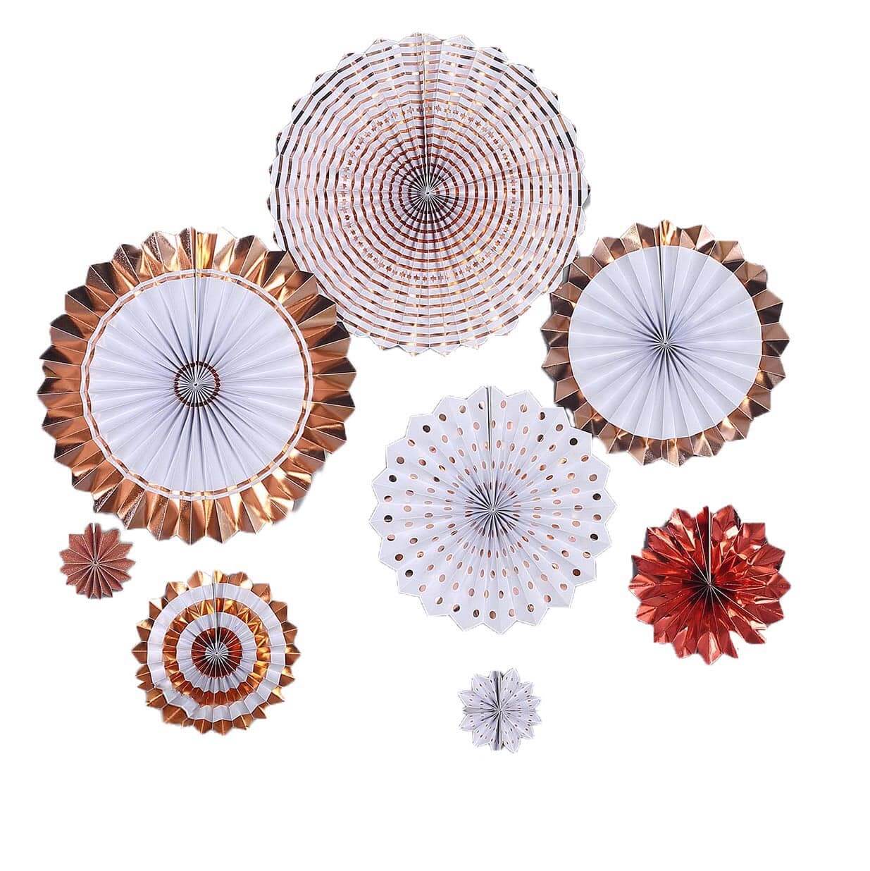 Set of 8 Gold Rose Gold Hanging Paper Fan Decorations, Pinwheel Wall Backdrop Party Kit - 4", 8", 12" - Linen Luxes
