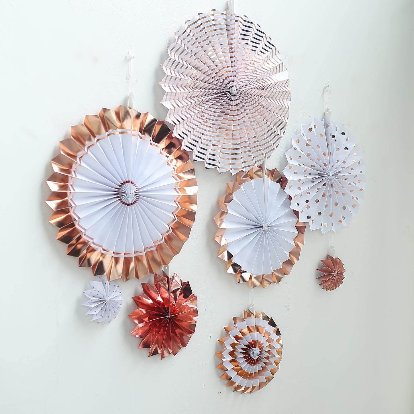 Set of 8 Gold Rose Gold Hanging Paper Fan Decorations, Pinwheel Wall Backdrop Party Kit - 4", 8", 12" - Linen Luxes
