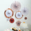 Set of 8 Gold Rose Gold Hanging Paper Fan Decorations, Pinwheel Wall Backdrop Party Kit - 4", 8", 12" - Linen Luxes