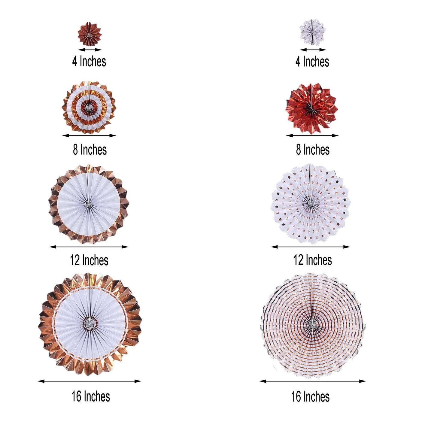 Set of 8 Gold Rose Gold Hanging Paper Fan Decorations, Pinwheel Wall Backdrop Party Kit - 4", 8", 12" - Linen Luxes