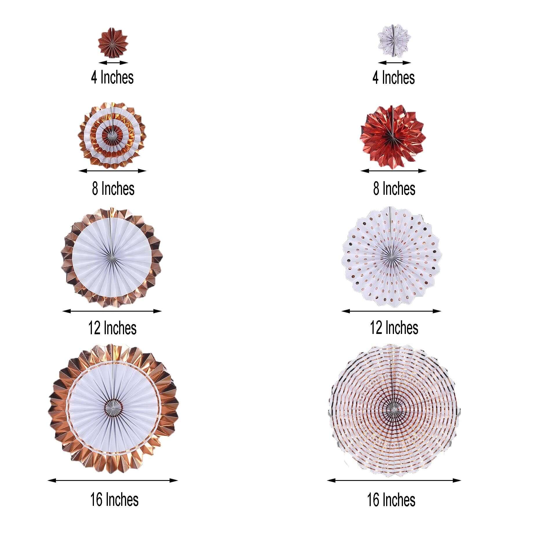 Set of 8 Gold Rose Gold Hanging Paper Fan Decorations, Pinwheel Wall Backdrop Party Kit - 4", 8", 12" - Linen Luxes