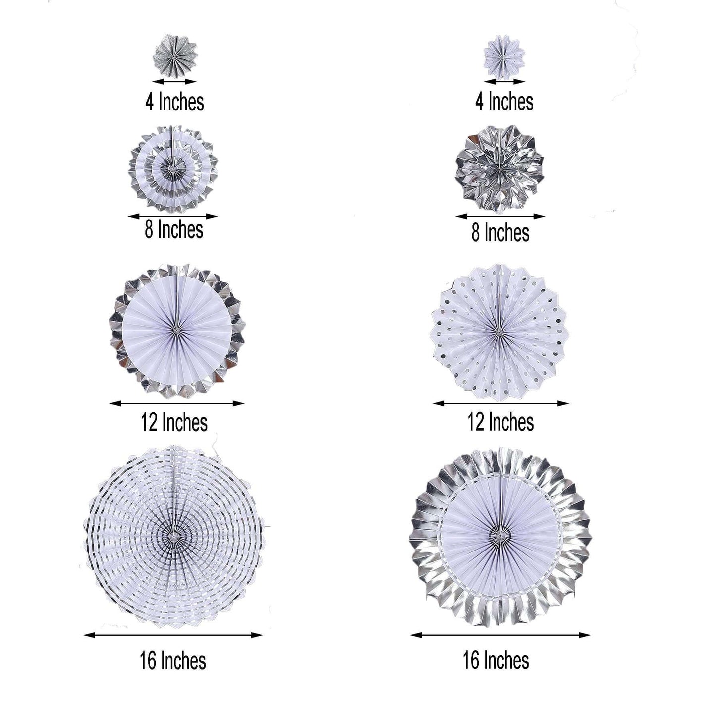 Set of 8 Silver White Hanging Paper Fan Decorations, Pinwheel Wall Backdrop Party Kit - 4", 8", 12", 16" - Linen Luxes