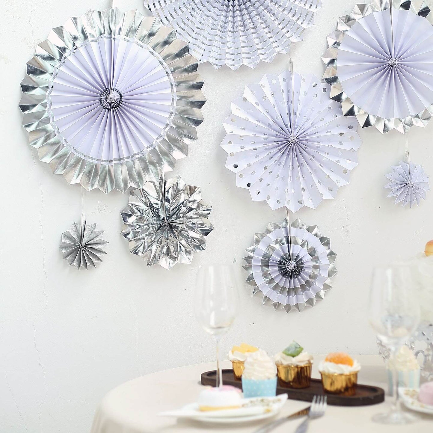 Set of 8 Silver White Hanging Paper Fan Decorations, Pinwheel Wall Backdrop Party Kit - 4", 8", 12", 16" - Linen Luxes