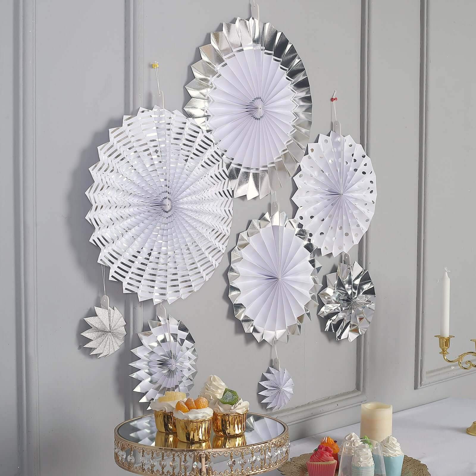 Set of 8 Silver White Hanging Paper Fan Decorations, Pinwheel Wall Backdrop Party Kit - 4", 8", 12", 16" - Linen Luxes