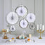 Set of 8 Silver White Hanging Paper Fan Decorations, Pinwheel Wall Backdrop Party Kit - 4", 8", 12", 16" - Linen Luxes