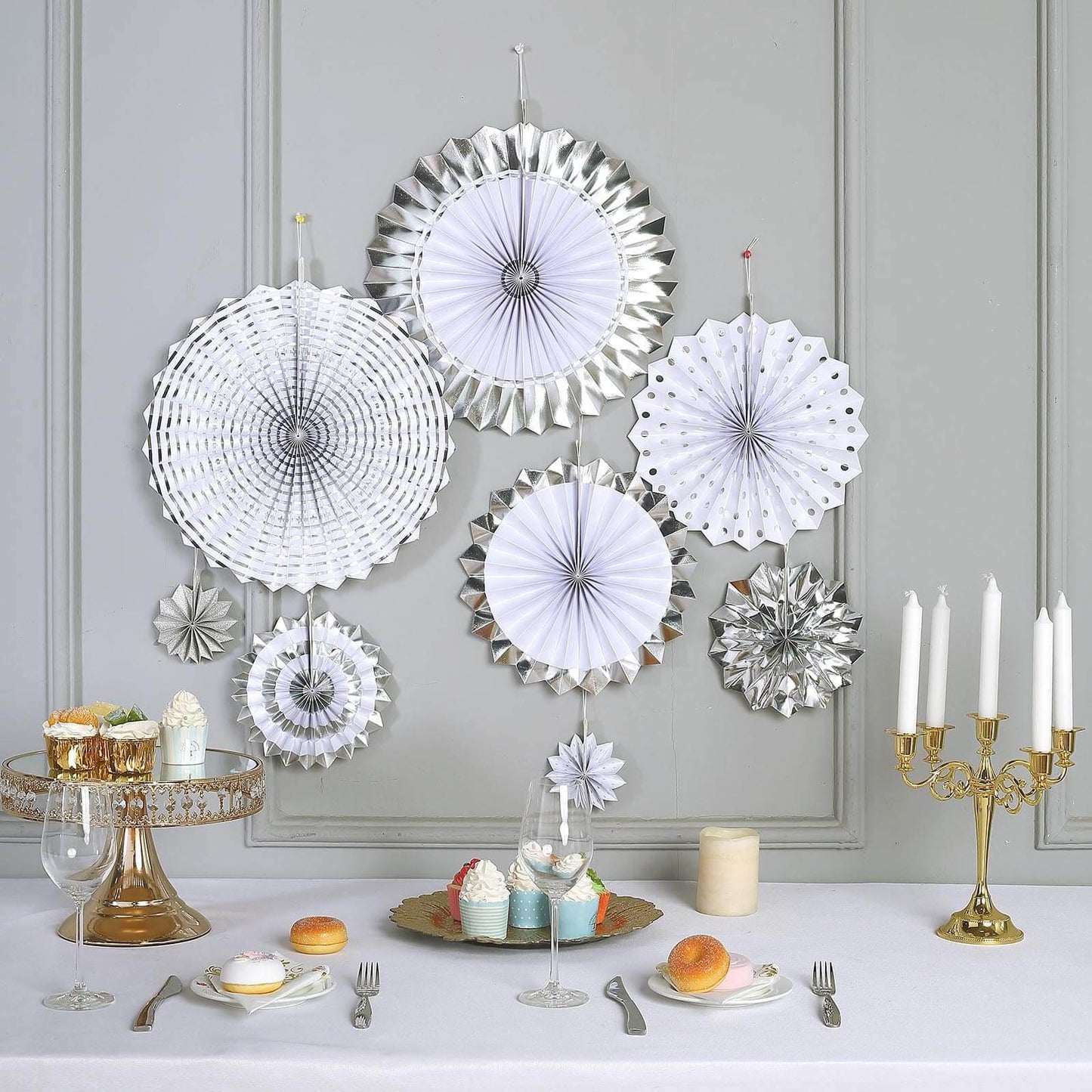 Set of 8 Silver White Hanging Paper Fan Decorations, Pinwheel Wall Backdrop Party Kit - 4", 8", 12", 16" - Linen Luxes