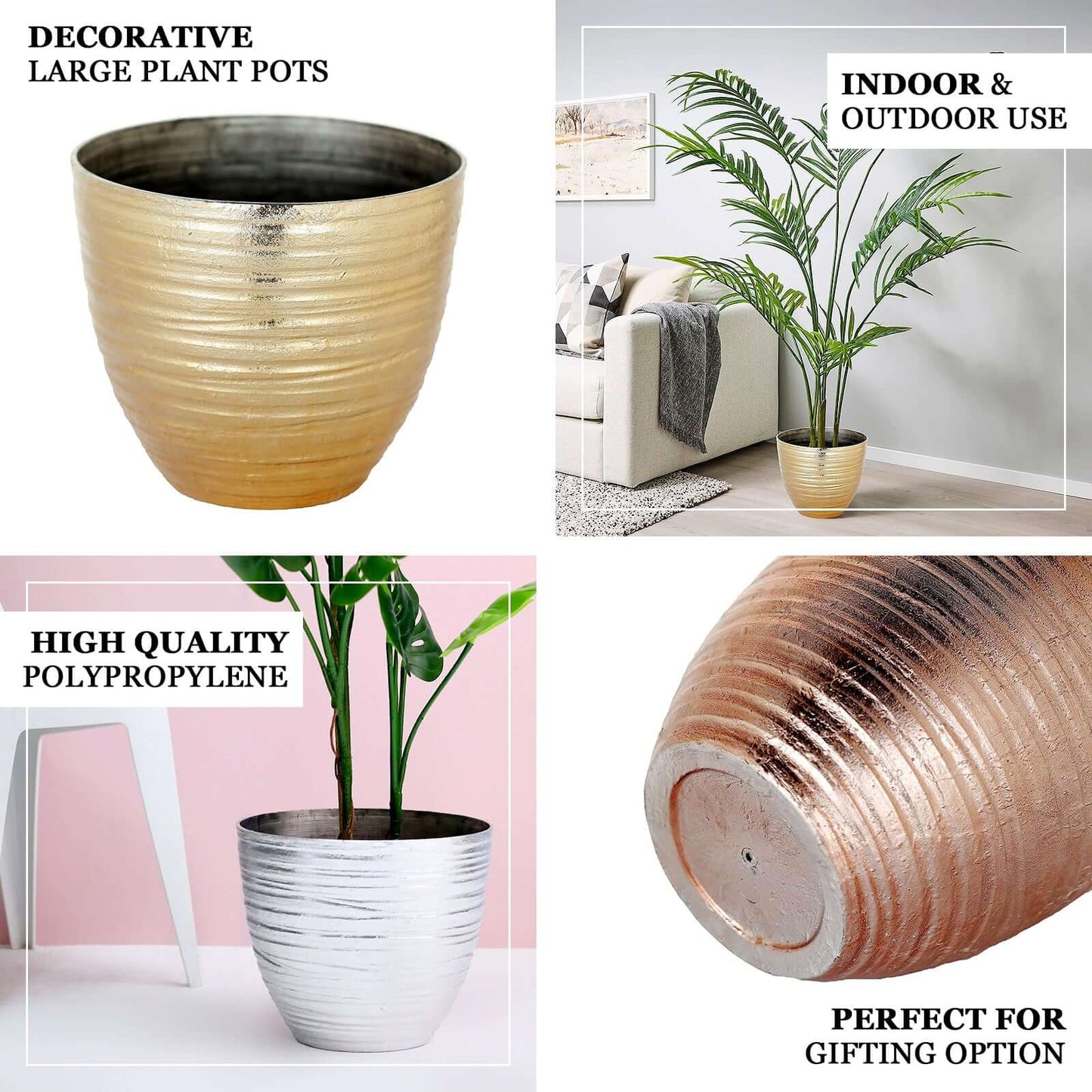 12" Metallic Gold Textured Finish Large Indoor Flower Plant Pot, Decorative Indoor Outdoor Planter