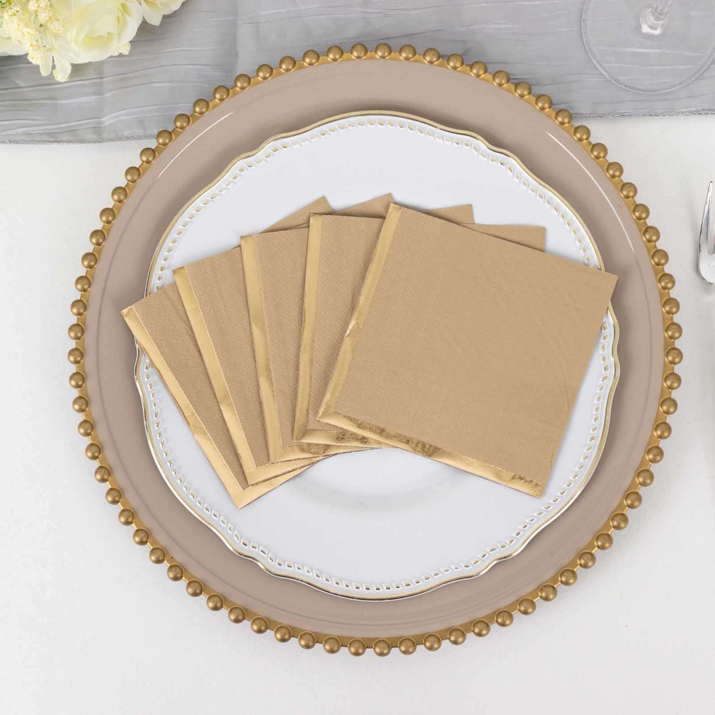 50-Pack Paper Beverage Napkins Natural with Gold Foil Edge - 2 Ply Disposable Soft 18GSM Cocktail Napkins 5"x5"