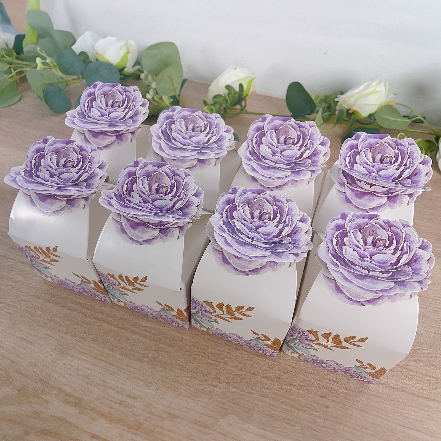 25 Pack Lavender Peony Floral Top Candy Gift Boxes, Lilac Cardstock Paper Party Favor Boxes - 3"x3"x5"