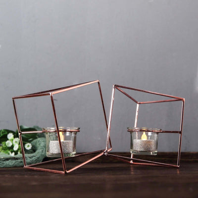 Set of Metal Candle Holders Linked Geometric Design Rose Gold - Chic Votive Glass Decor for Events & Gatherings 9" - Linen Luxes