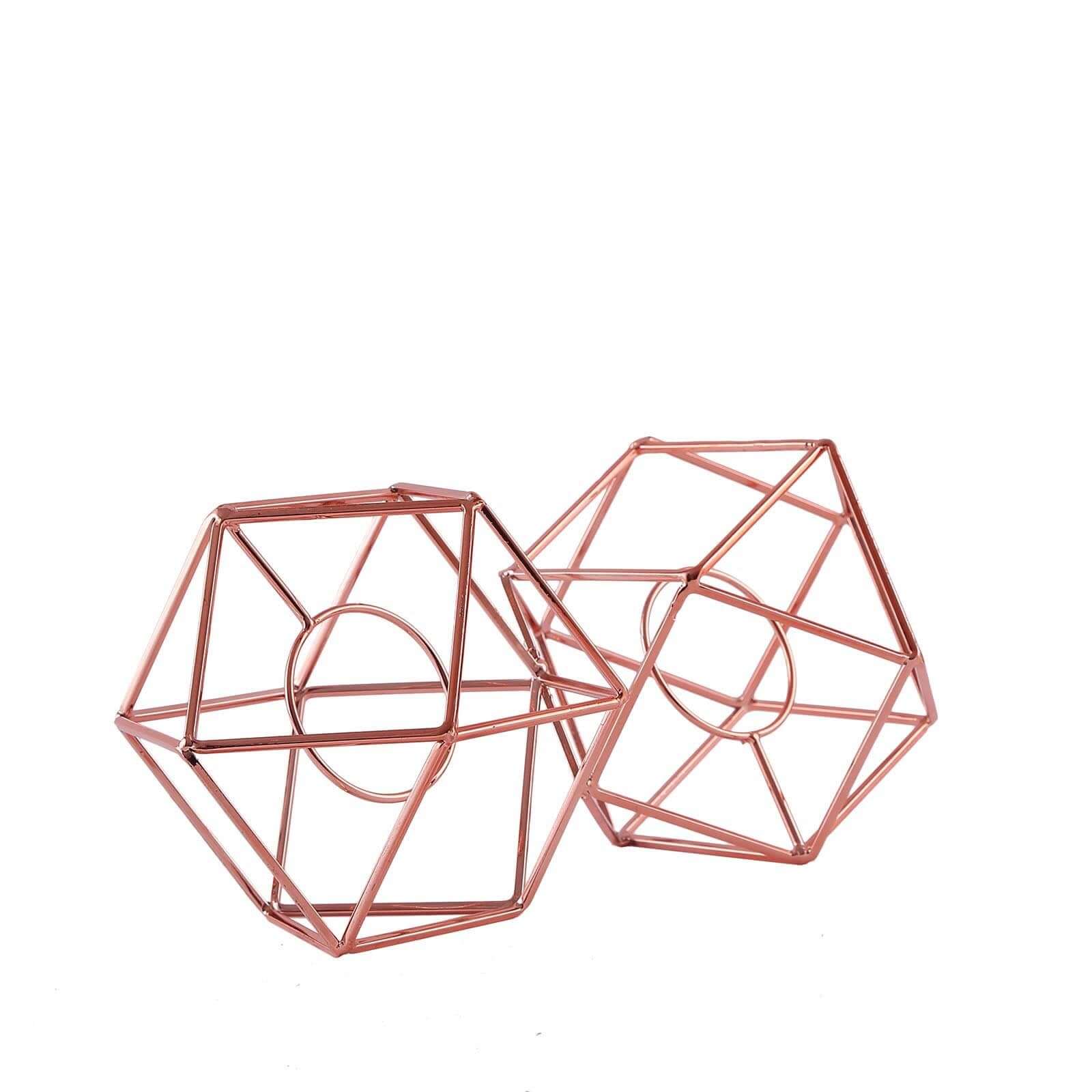 Set of Metal Candle Holders Linked Geometric Design Rose Gold - Modern Table Decor with Votive Glass for Gatherings 11" - Linen Luxes