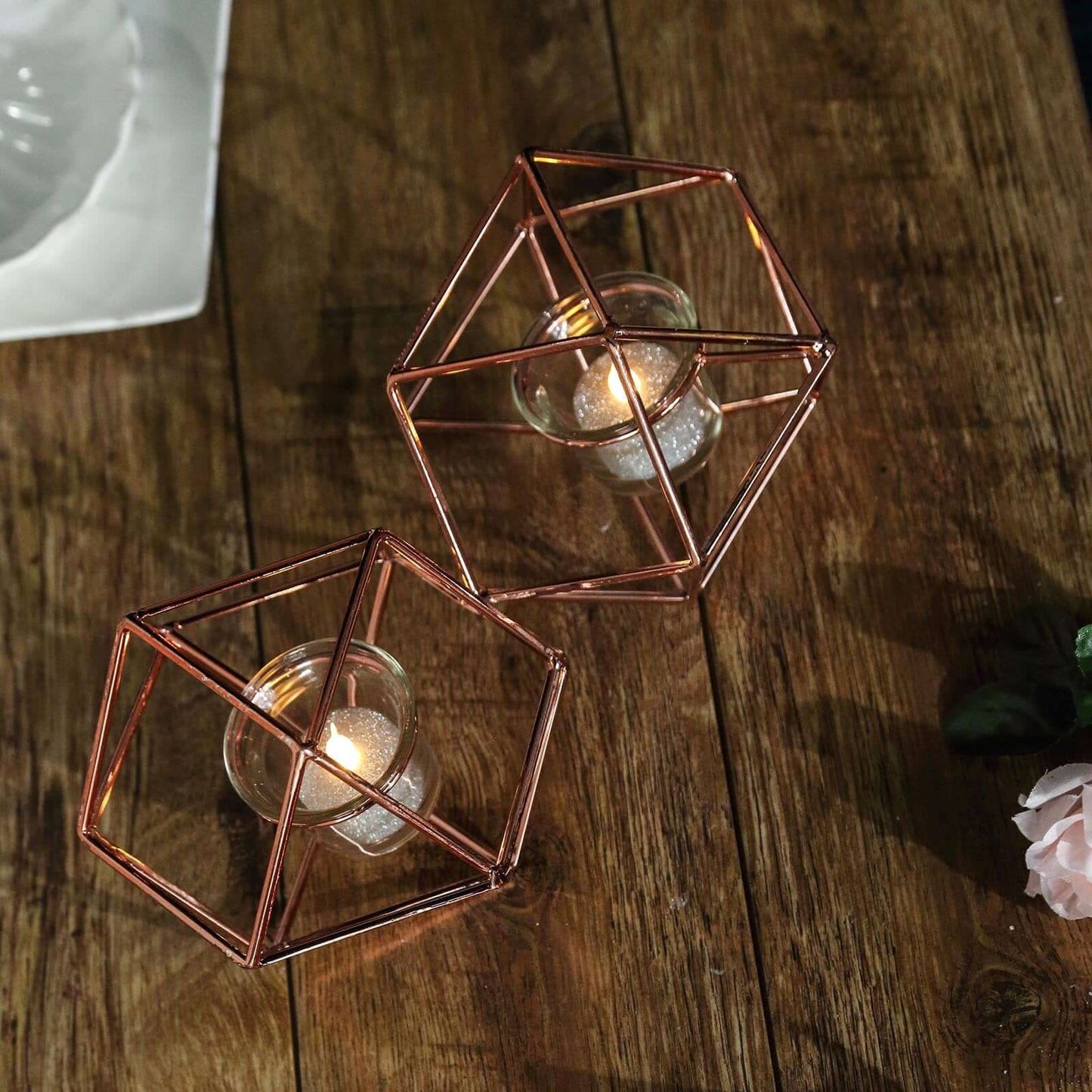 Set of Metal Candle Holders Linked Geometric Design Rose Gold - Modern Table Decor with Votive Glass for Gatherings 11" - Linen Luxes