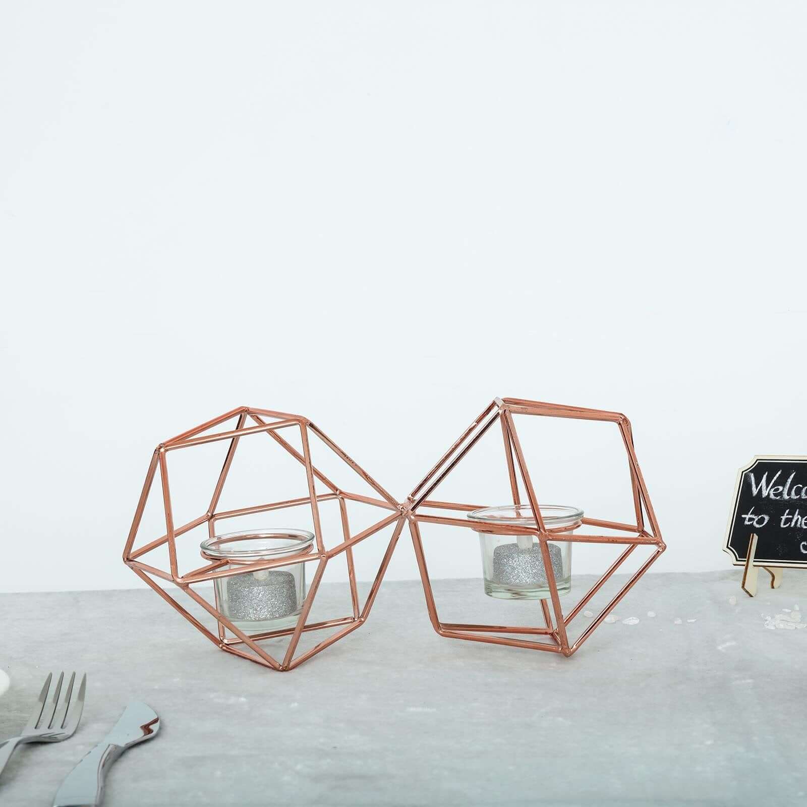 Set of Metal Candle Holders Linked Geometric Design Rose Gold - Modern Table Decor with Votive Glass for Gatherings 11" - Linen Luxes