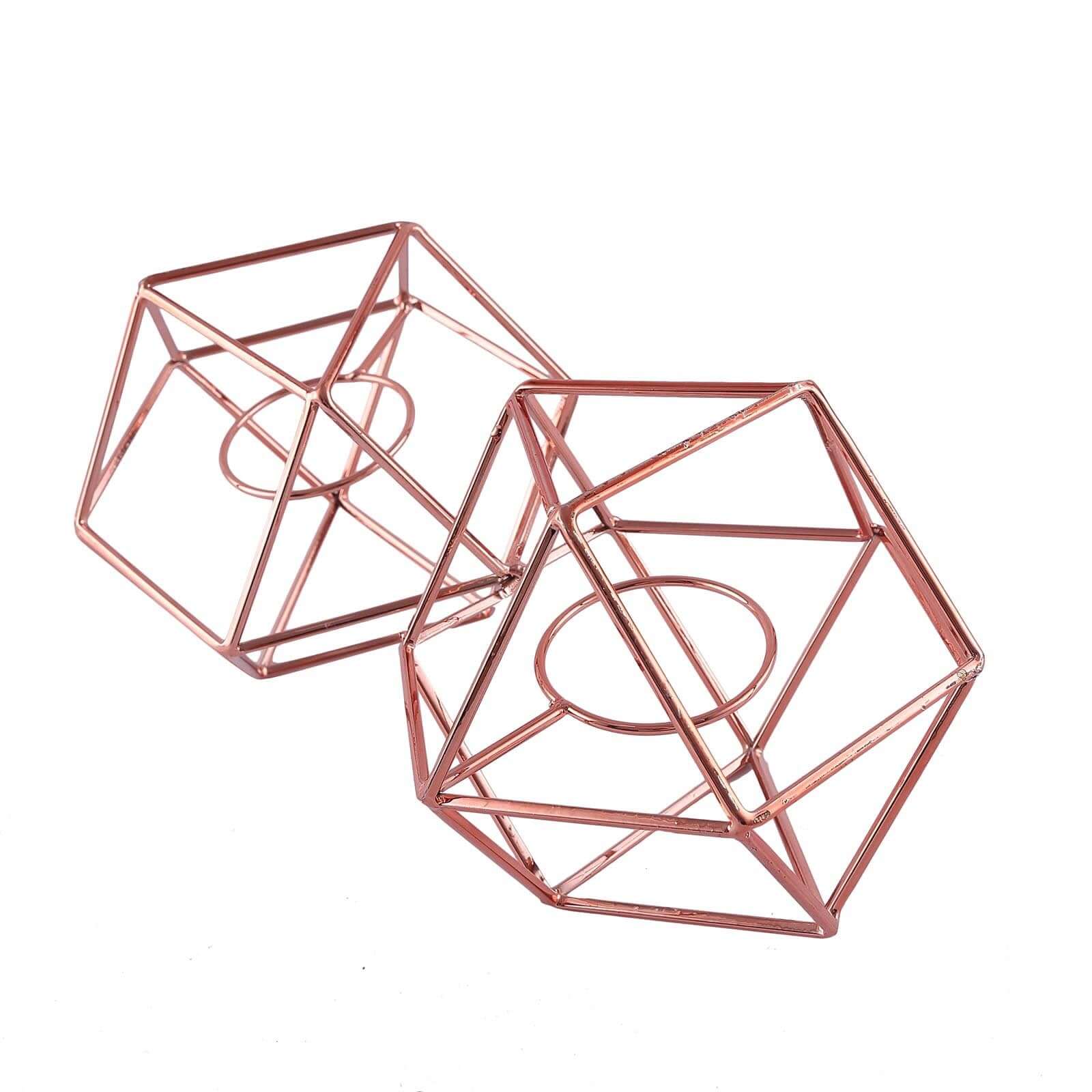 Set of Metal Candle Holders Linked Geometric Design Rose Gold - Modern Table Decor with Votive Glass for Gatherings 11" - Linen Luxes