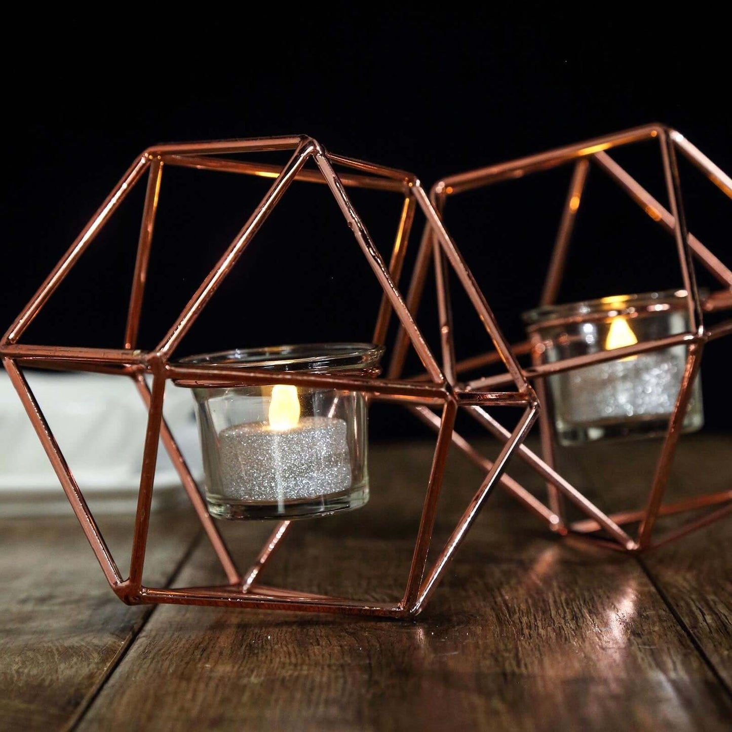 Set of Metal Candle Holders Linked Geometric Design Rose Gold - Modern Table Decor with Votive Glass for Gatherings 11" - Linen Luxes