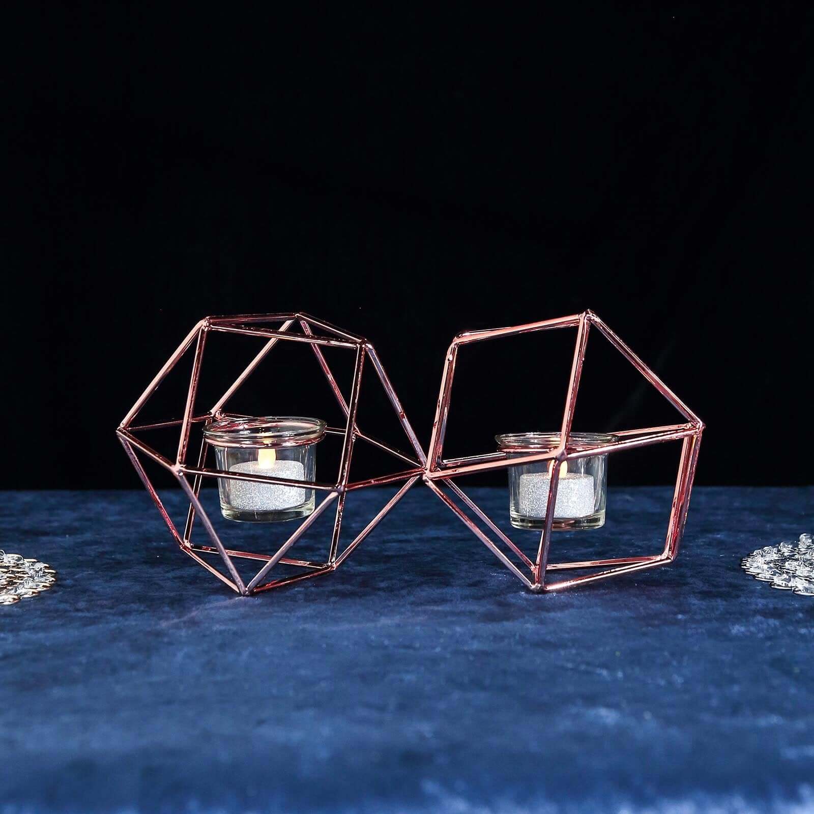Set of Metal Candle Holders Linked Geometric Design Rose Gold - Modern Table Decor with Votive Glass for Gatherings 11" - Linen Luxes
