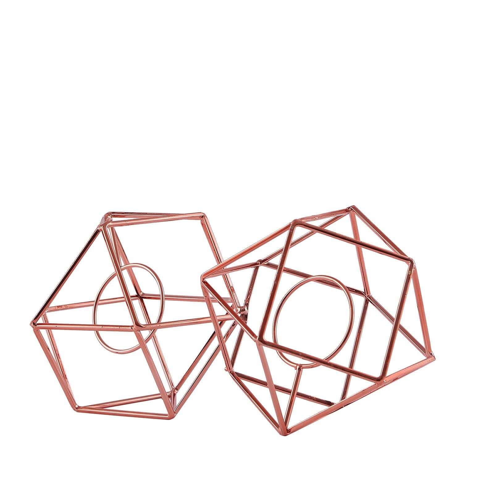 Set of Metal Candle Holders Linked Geometric Design Rose Gold - Modern Table Decor with Votive Glass for Gatherings 11" - Linen Luxes