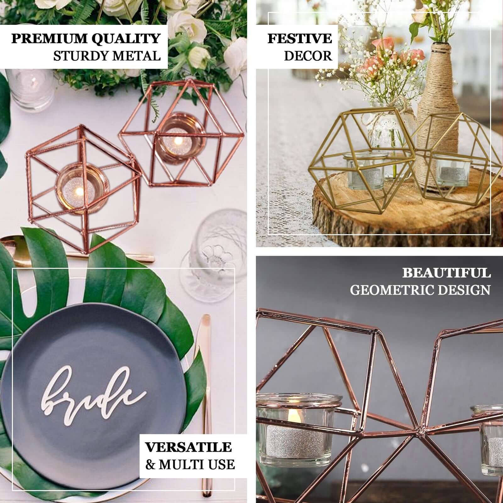 Set of Metal Candle Holders Linked Geometric Design Rose Gold - Modern Table Decor with Votive Glass for Gatherings 11" - Linen Luxes