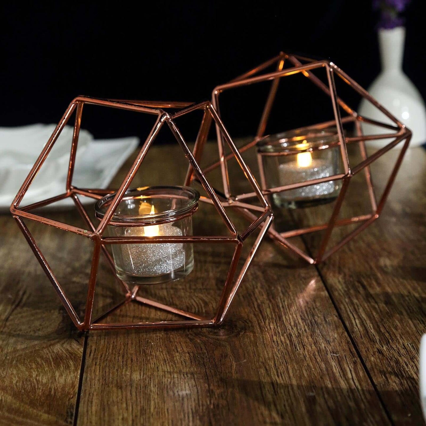 Set of Metal Candle Holders Linked Geometric Design Rose Gold - Modern Table Decor with Votive Glass for Gatherings 11" - Linen Luxes