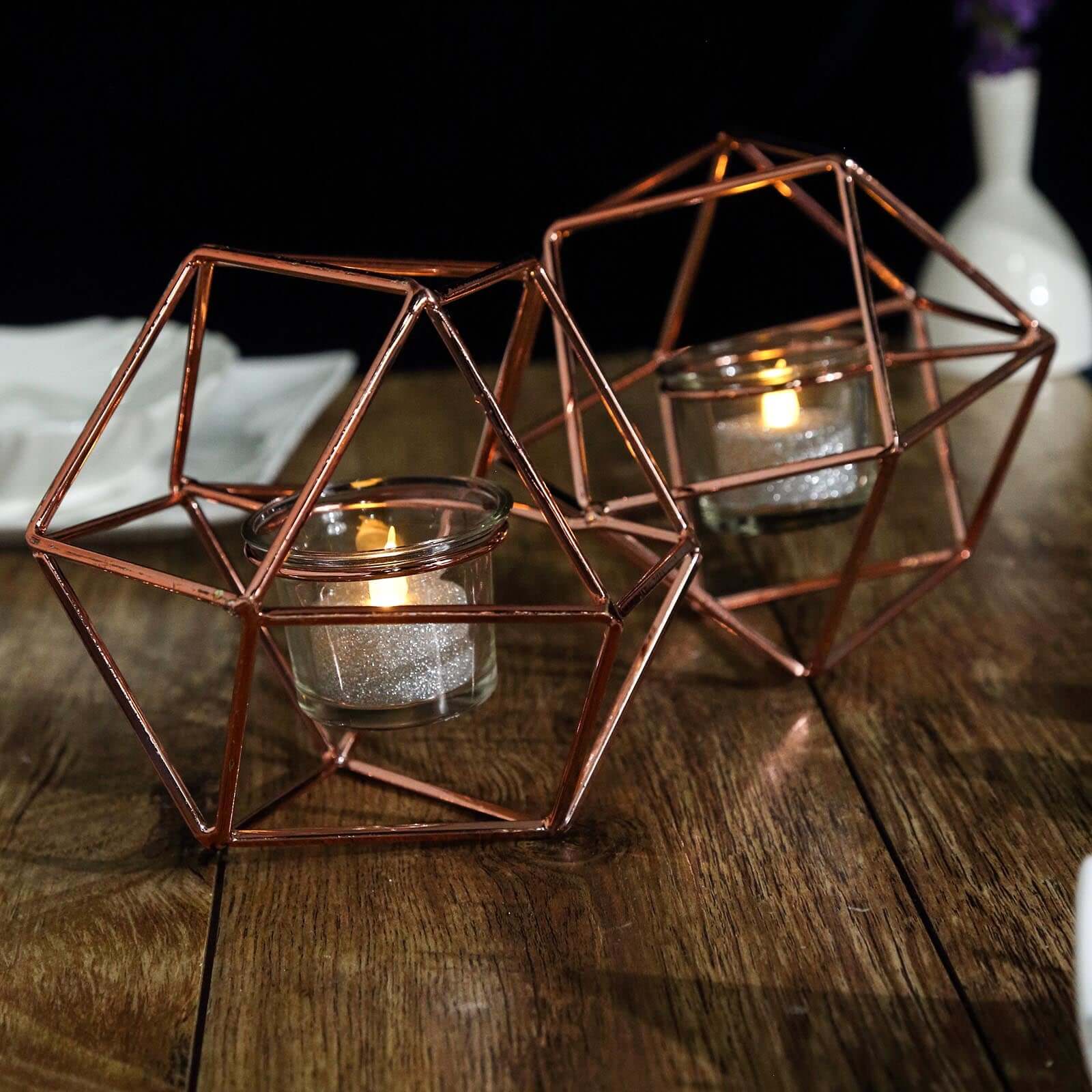 Set of Metal Candle Holders Linked Geometric Design Rose Gold - Modern Table Decor with Votive Glass for Gatherings 11" - Linen Luxes