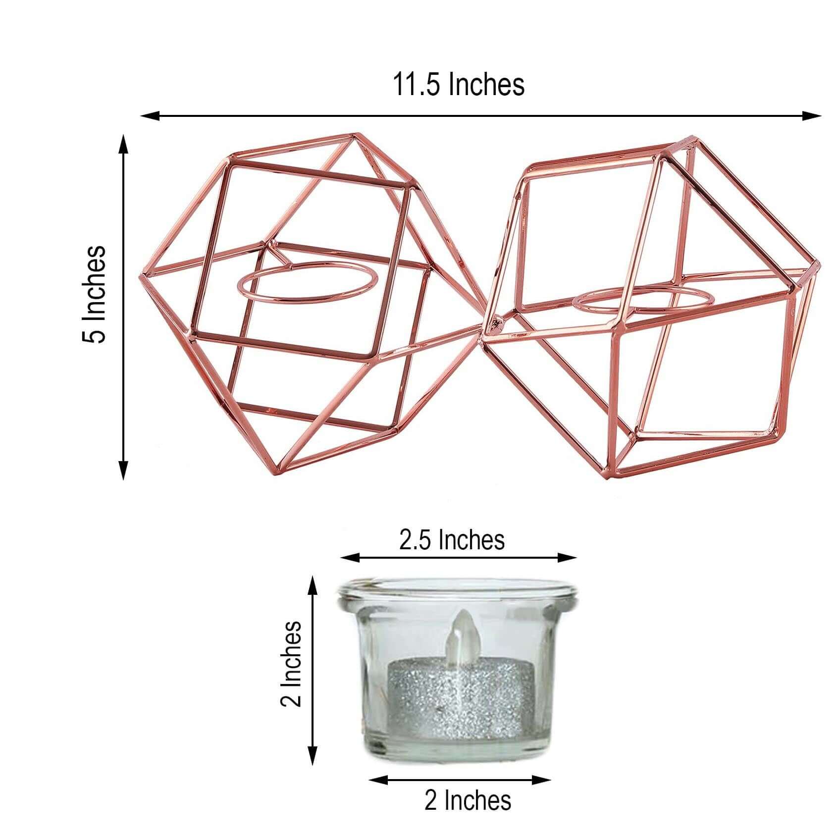 Set of Metal Candle Holders Linked Geometric Design Rose Gold - Modern Table Decor with Votive Glass for Gatherings 11" - Linen Luxes