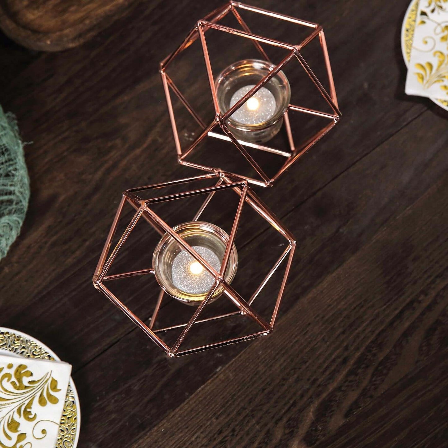 Set of Metal Candle Holders Linked Geometric Design Rose Gold - Modern Table Decor with Votive Glass for Gatherings 11" - Linen Luxes