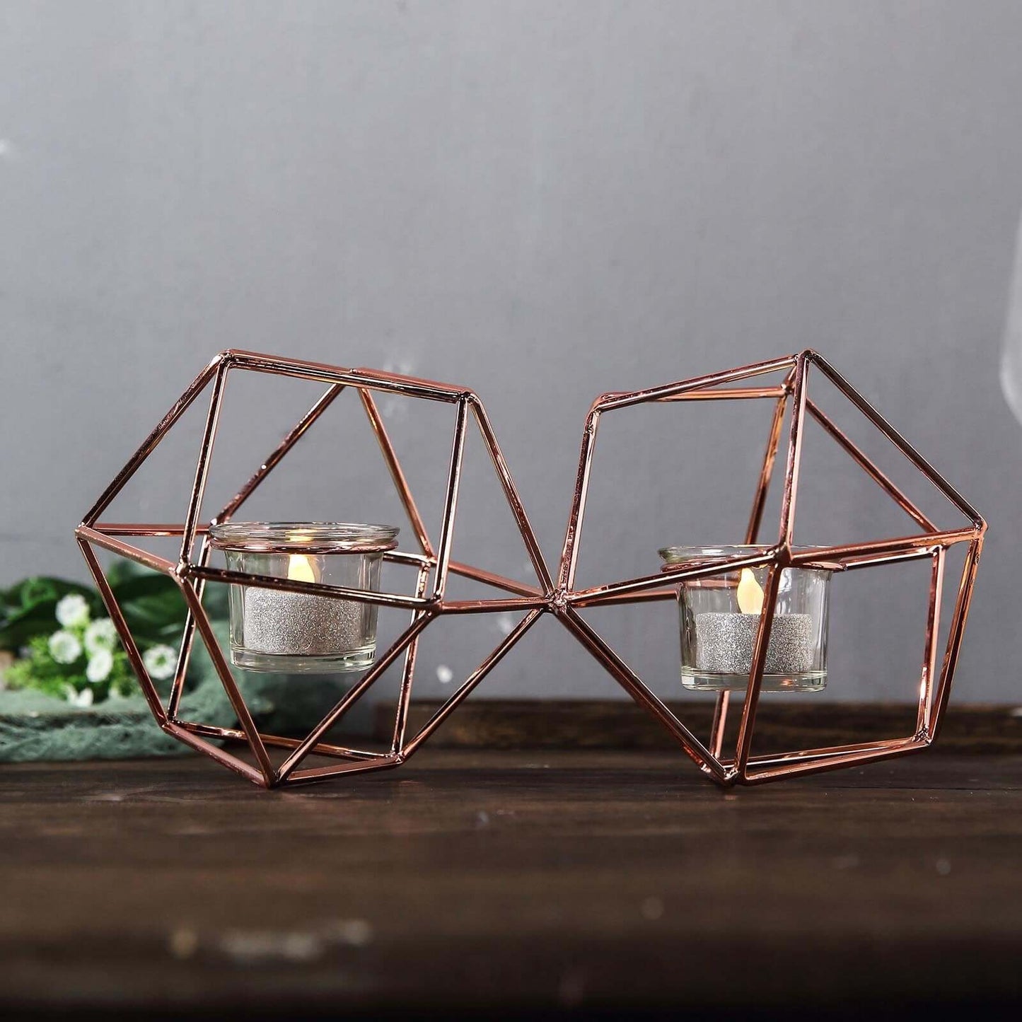 Set of Metal Candle Holders Linked Geometric Design Rose Gold - Modern Table Decor with Votive Glass for Gatherings 11" - Linen Luxes