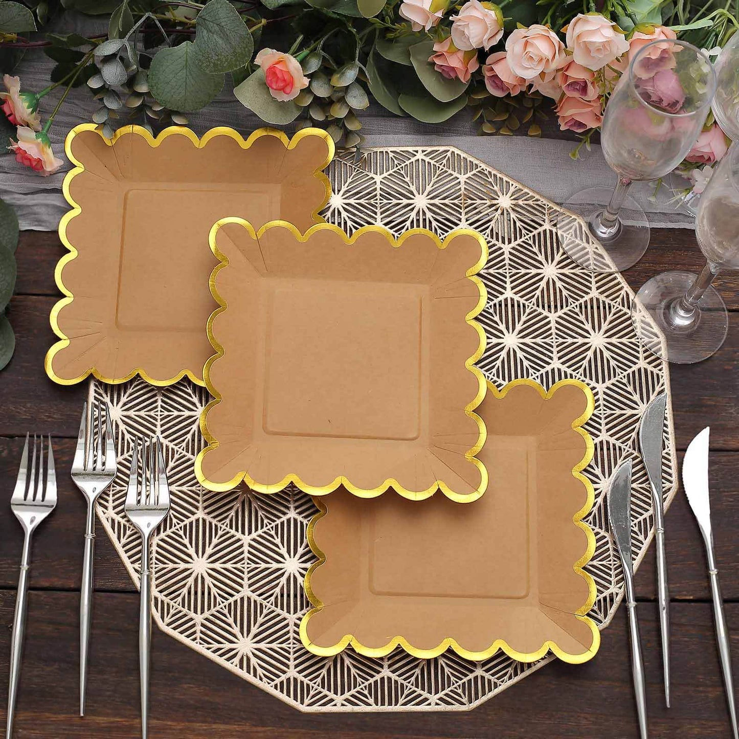 25-Pack Paper 7" Square Dessert Plates in Natural Brown with Gold Scalloped Rim - Disposable Salad Appetizer Party Plates for Stylish Outdoor Events & Boho Celebrations
