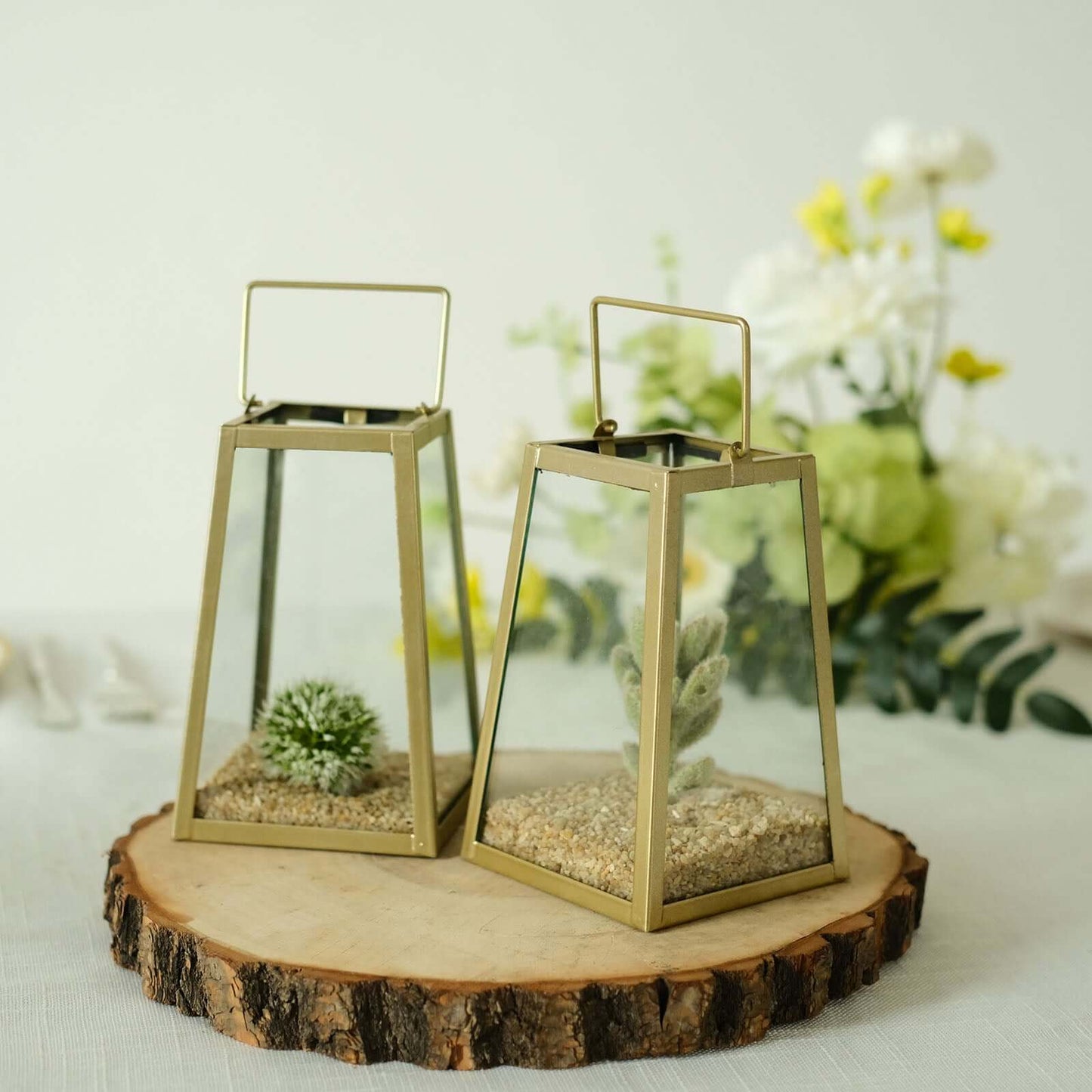 2-Pack Metal Candle Lanterns Trapezoid Geometric Design Gold - Hanging Terrariums Table Centerpieces for Indoor/Outdoor 6"