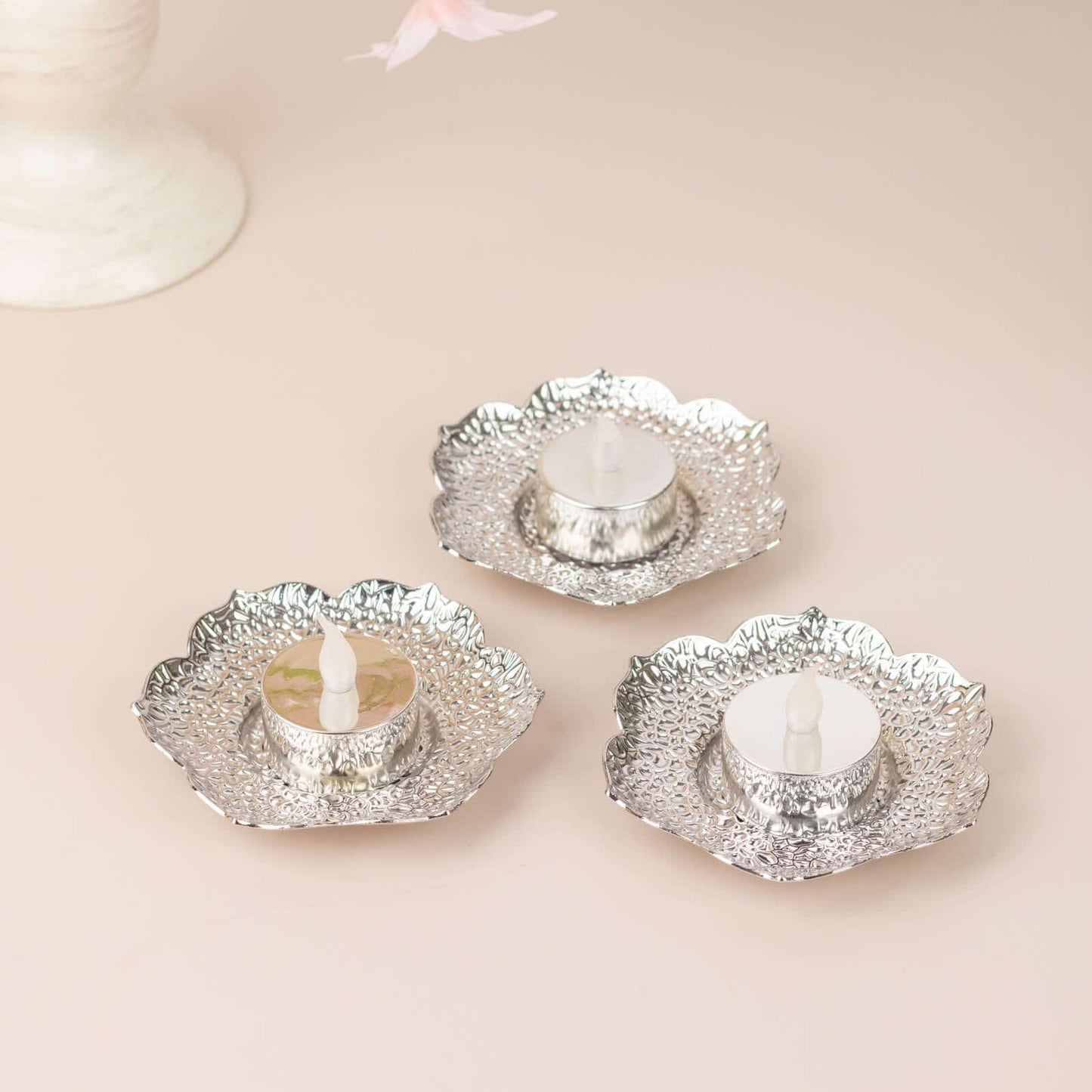 3-Pack Metal Votive Candle Holders Plum Blossom Design Shiny Silver - Vintage Mini Tea Cup Saucers 4"