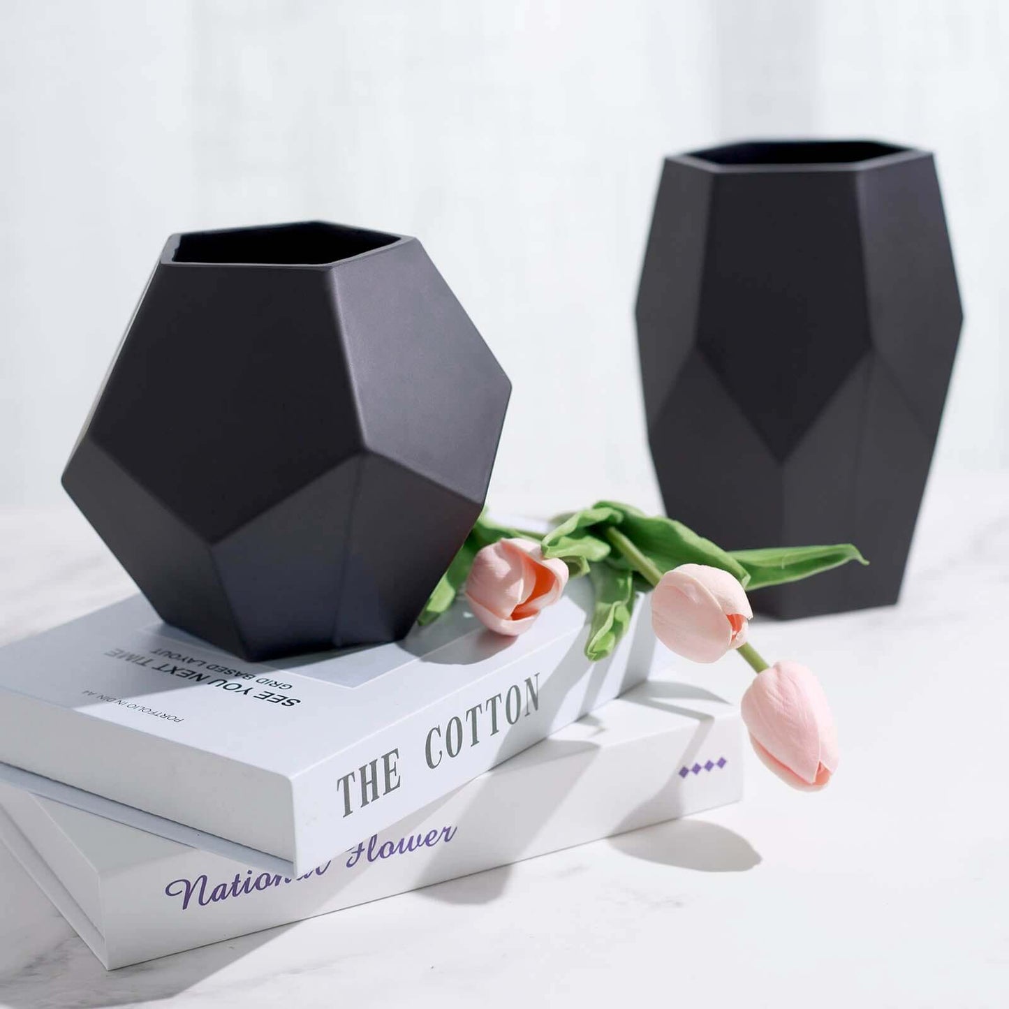 Set of 2 Glass Flower Vases Geometric Design Matte Black - Stylish Modern Candle Holder Centerpieces 5", 8"