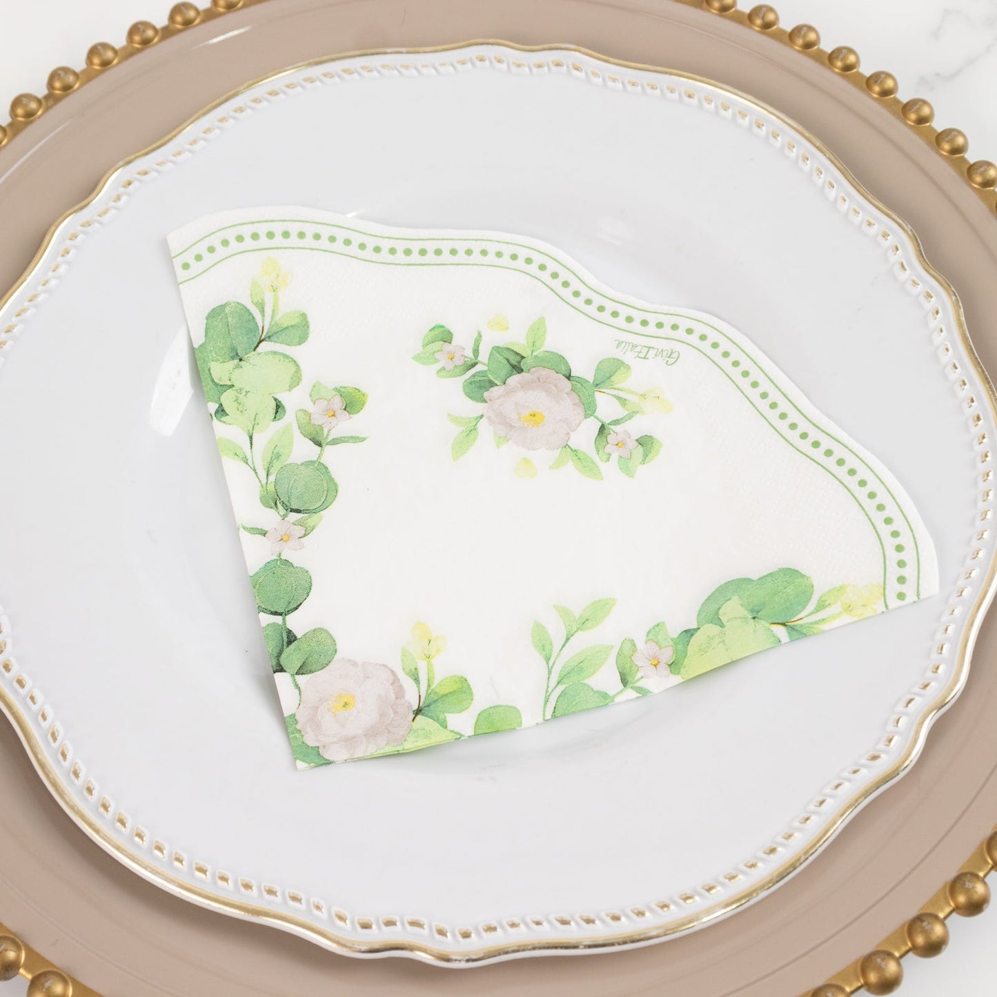 25-Pack Round Paper Cocktail Napkins with Floral Greenery and Scalloped Edge White - Disposable 2 Ply Beverage Napkins 6.25"x6.25"