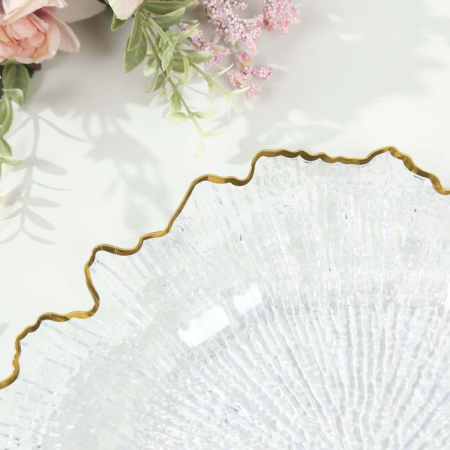 6-Pack Plastic Round Charger Plates 13" in Clear Reef Design with Gold Rim, Decorative Dinner Party Serving Plates