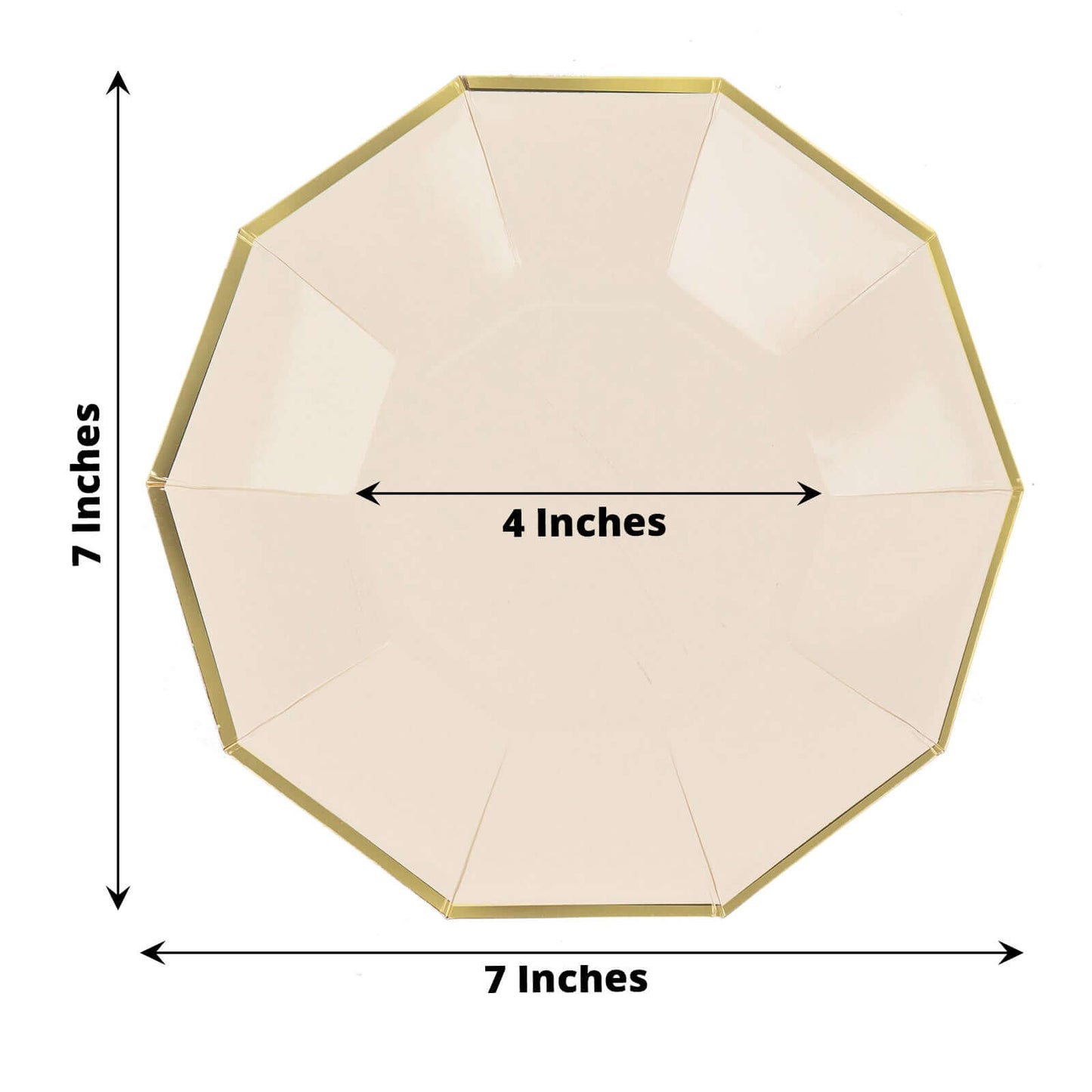 25-Pack Paper 7" Decagon Appetizer Plates in Beige with Gold Foil Rim