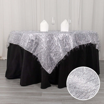 Polyester 72"x72" Table Overlay Square Tablecloth Silver - Metallic Fringe Shag Tinsel Table Cover