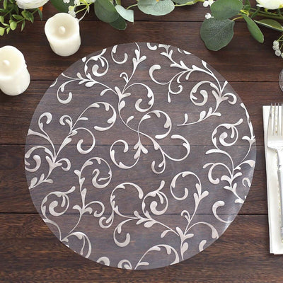 50-Pack Table Placemats Embossed Foil Flower Design Metallic Silver Round - Sheer Organza Disposable Mats 13"