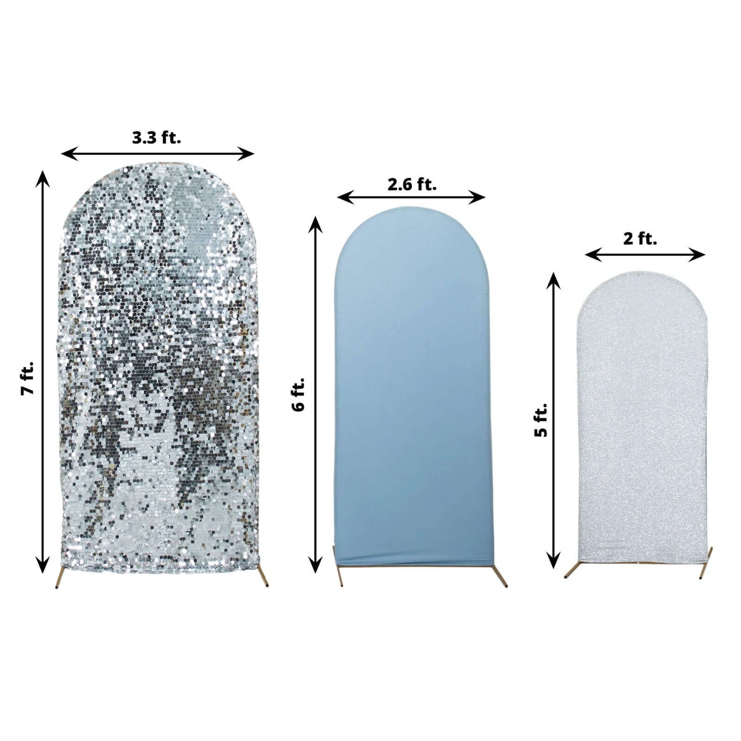 Set of 3 Dusty Blue Silver Round Top Fit Wedding Arch Frame Covers, Big Payette Sequin, Shimmer Tinsel and Matte Spandex Backdrop Stand Covers