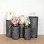 Set of 5 Black Sequin Mesh Cylinder Pedestal Stand Covers with Geometric Pattern Embroidery, Sparkly Sheer Tulle Pillar Prop Covers