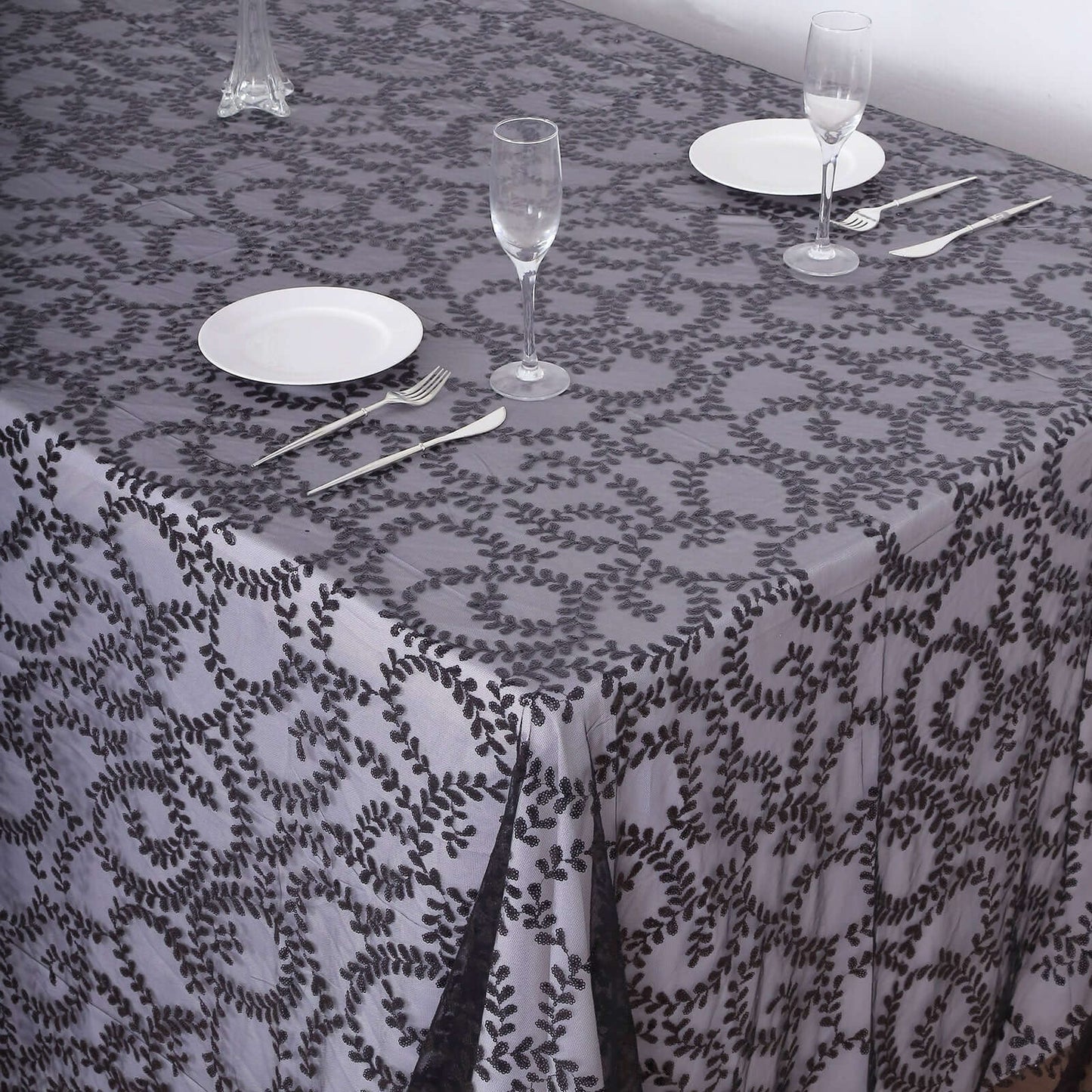 Tulle 90"x156" Rectangle Tablecloth Black - Sequin Leaf Embroidered Table Cover