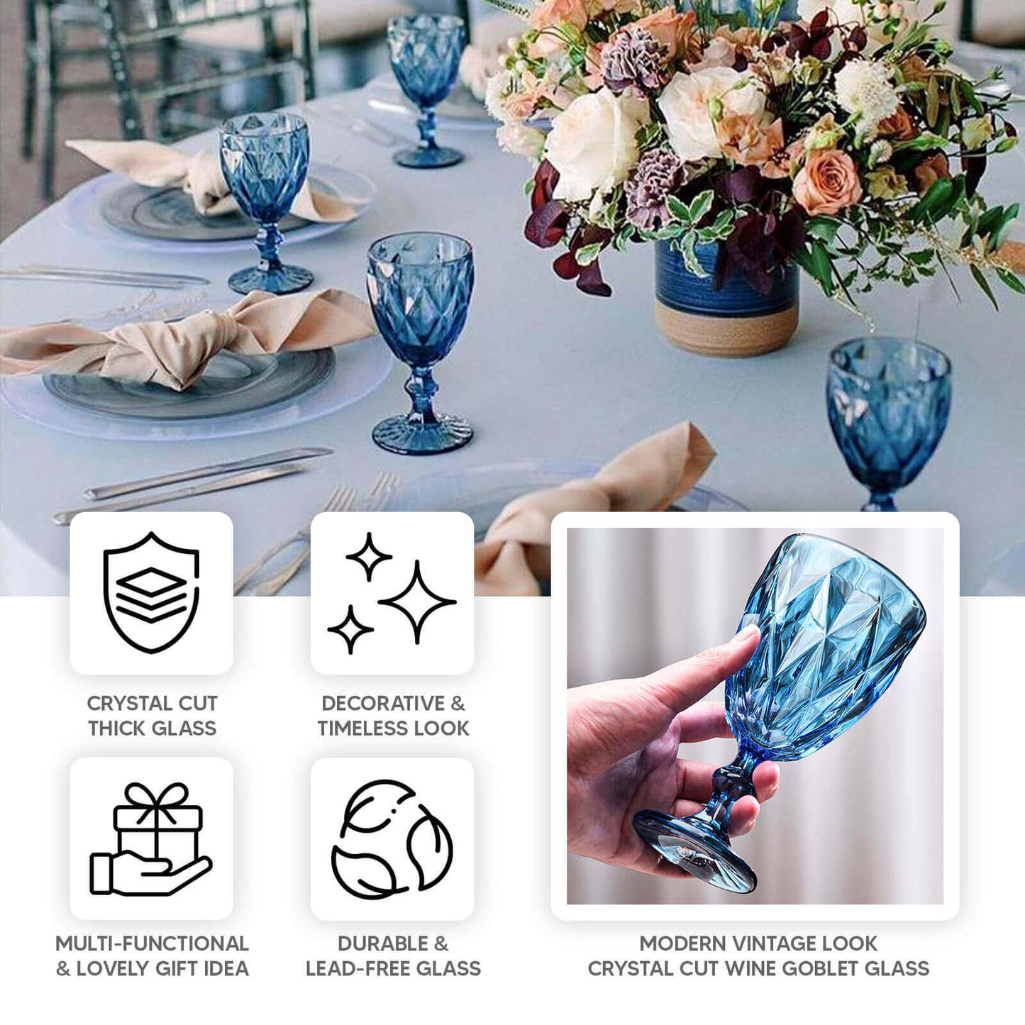 6-Pack Wine Glasses Ocean Blue Embossed Crystal Cut Design Stemmed - Colored Goblets for Parties & Events 12oz 7"