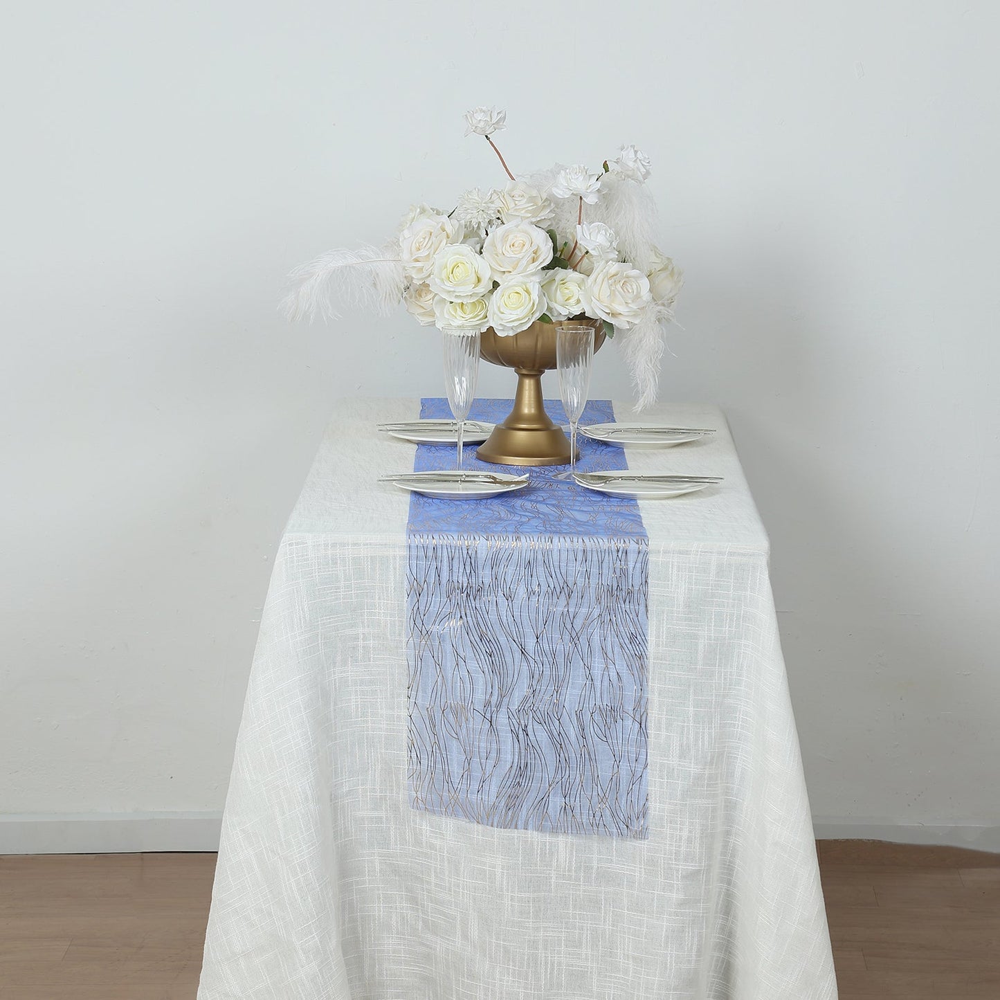 5 Pack Organza 12"x108" Table Runners Royal Blue - Gold Wave Design