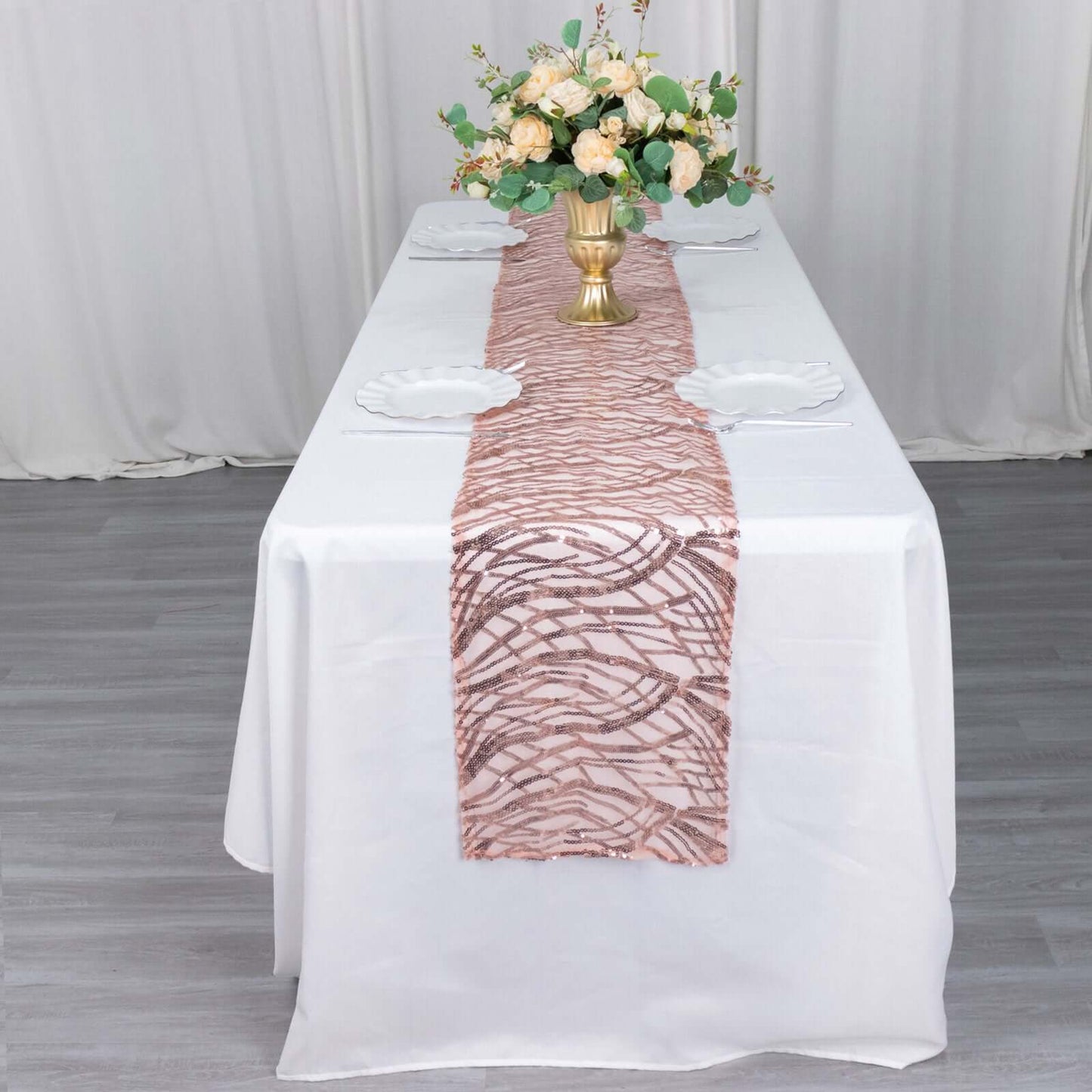 Sequin Mesh 12"x108" Table Runner Blush Stylish Wave Embroidery