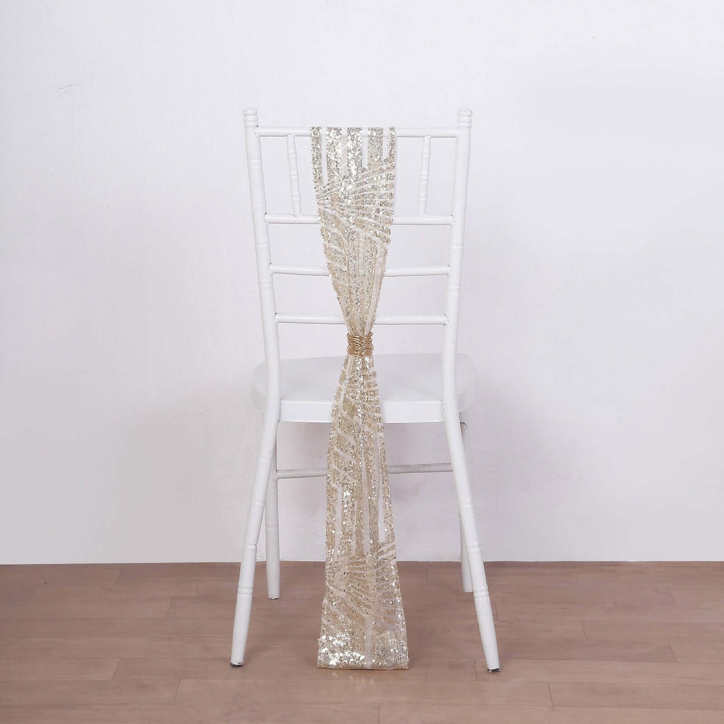 5 Pack Glitz Sequin Chair Sashes with Geometric Diamond Design 6"x88" Champagne