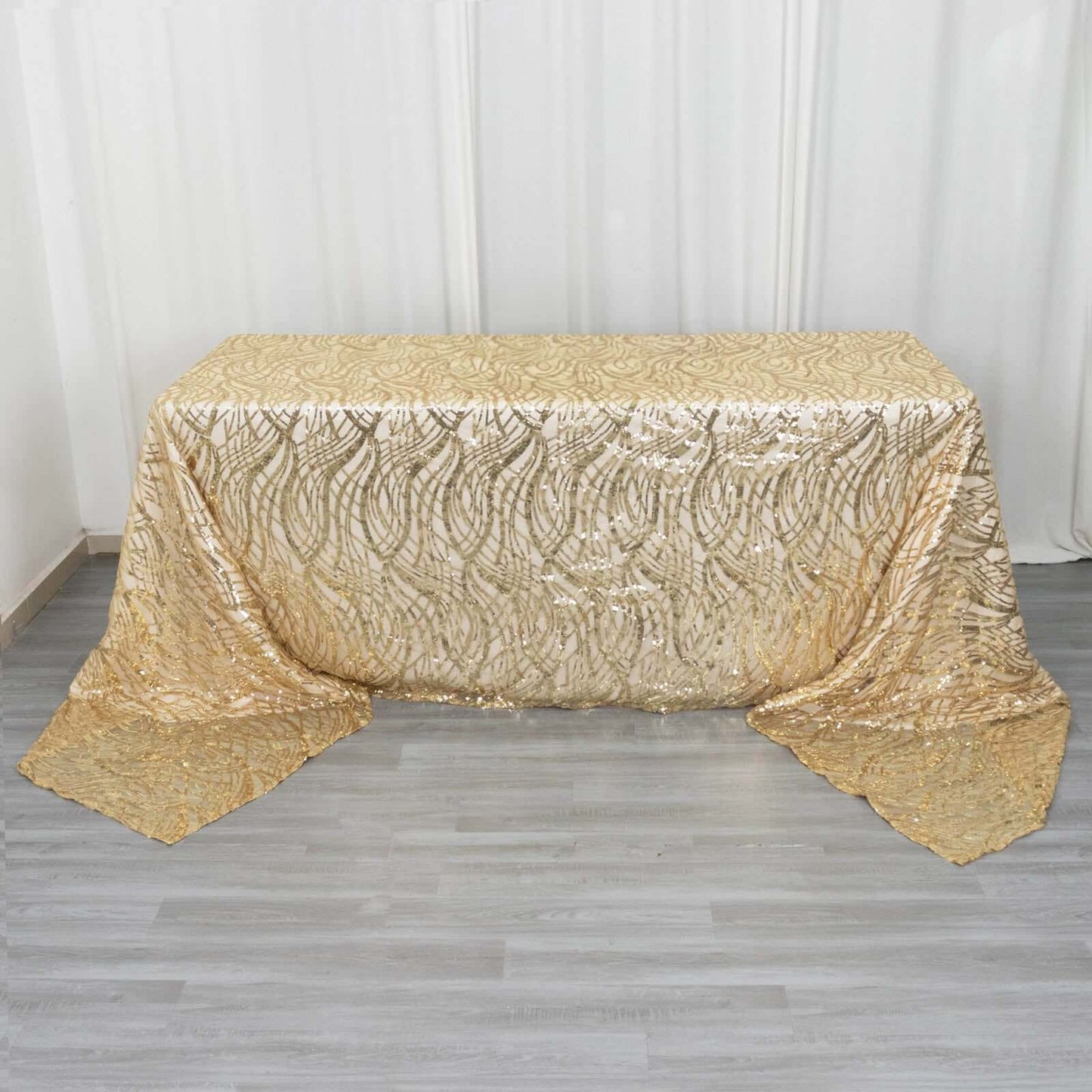 Mesh 90"x156" Rectangle Tablecloth Champagne - Wave Sequin Embroidered Table Cover