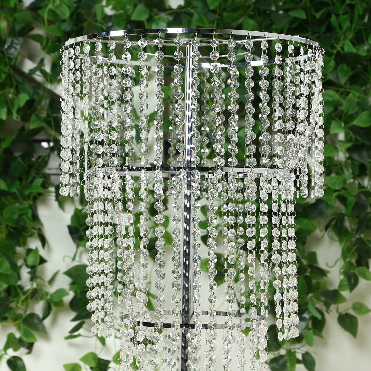 4ft Tall Event Centerpiece in Acrylic Clear Beaded Chandelier for Elegant Wedding & Party Table Decor, 4-Tier Round Metal Floral Stand