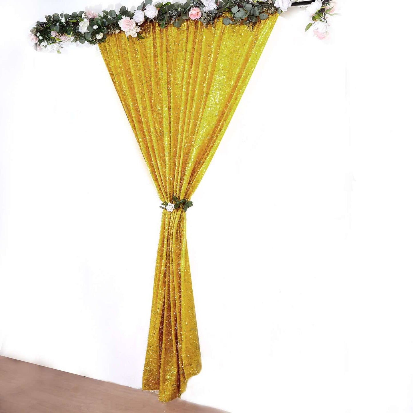 8ft Gold Metallic Fringe Shag Event Drapery Panel, Shimmery Tinsel Polyester Divider Backdrop Curtain